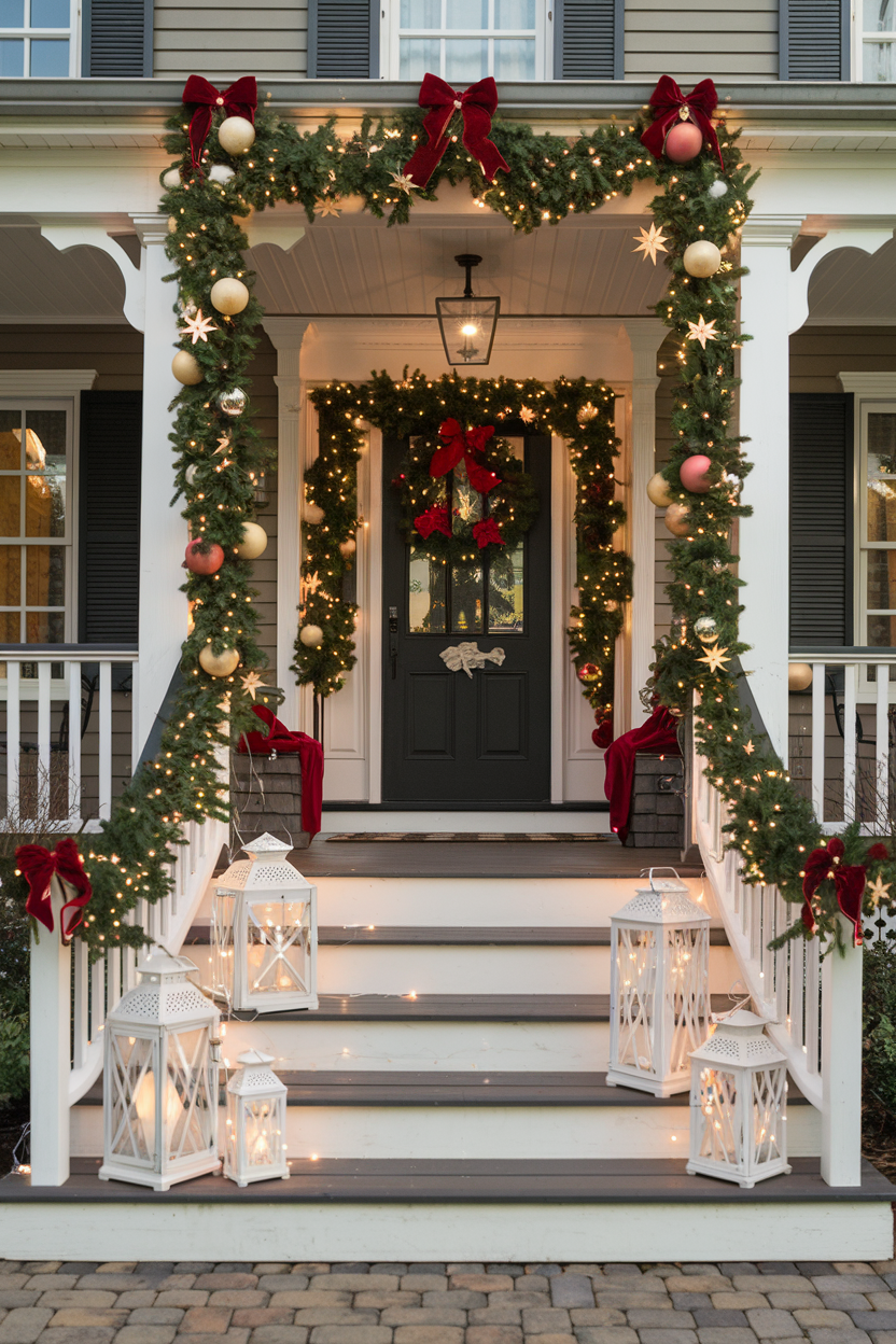 3. Christmas Lights and Garland on Porch Rail