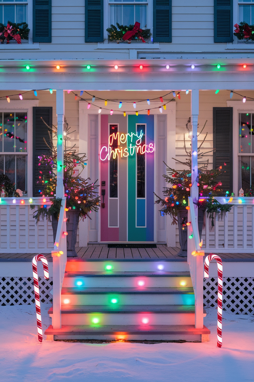 4. Multicolor Christmas Lights Front Porch