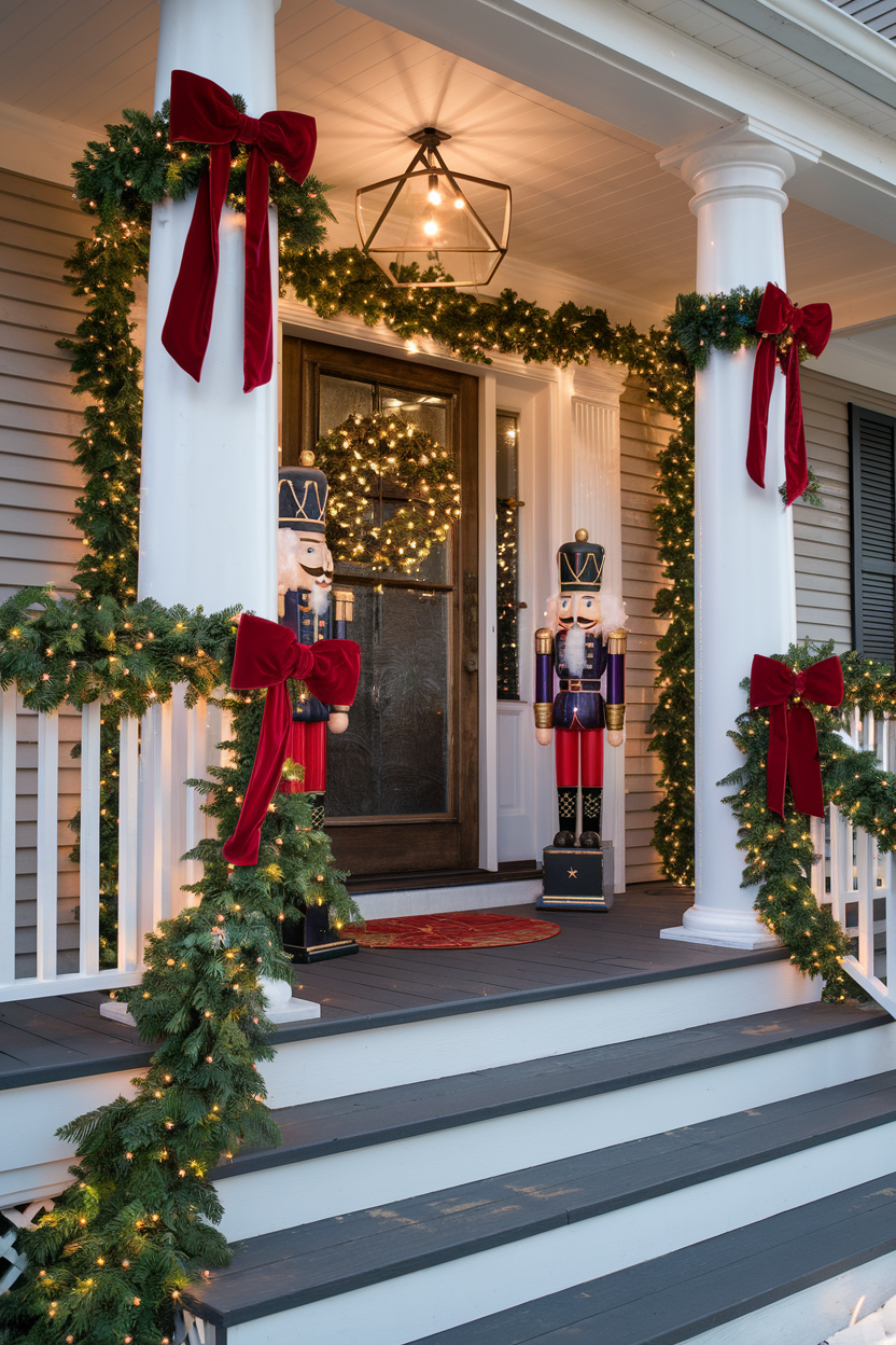 5. Front Porch Christmas Garland with Lights and Bows