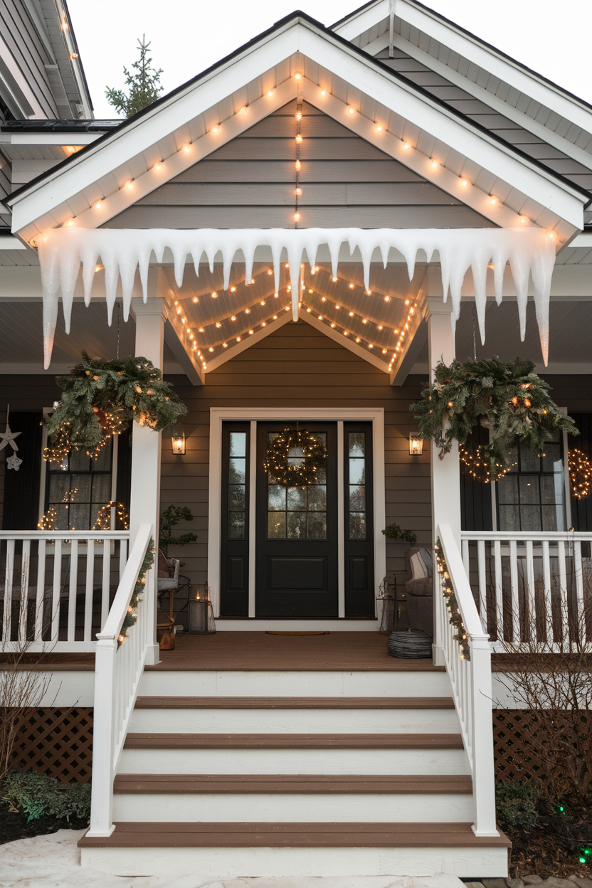 8. String Lights Canopy Effect on Front Porch