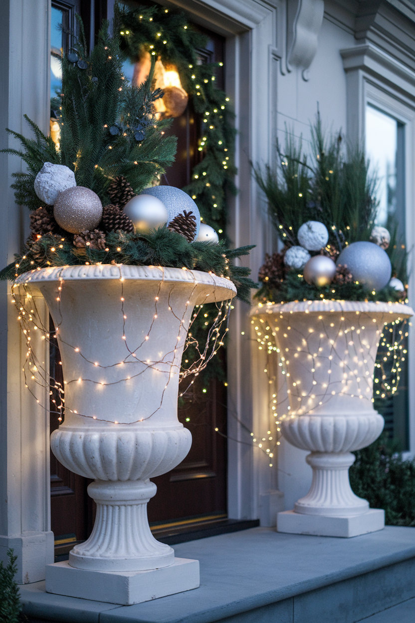 9. Christmas Urns with Lights on the Front Porch