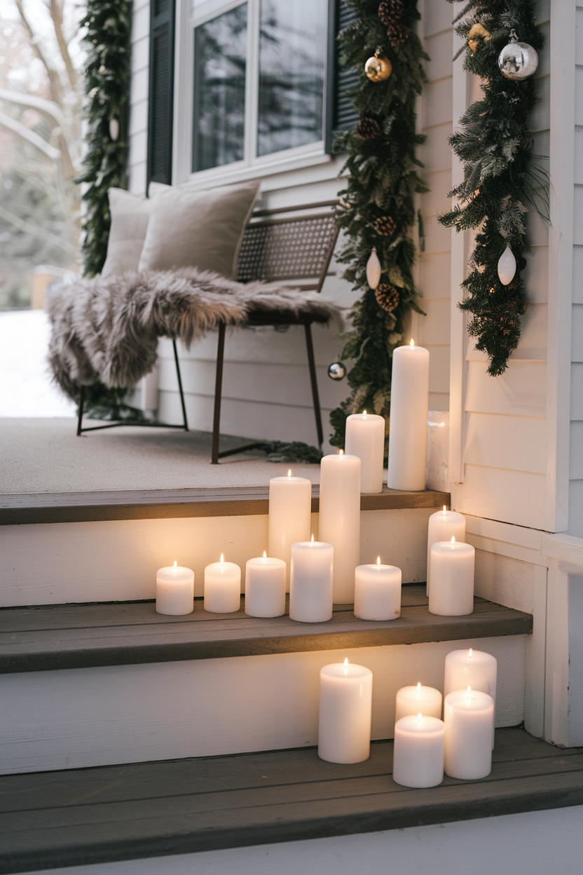 9. Oversized White Pillar Candles and Faux Fur Throws